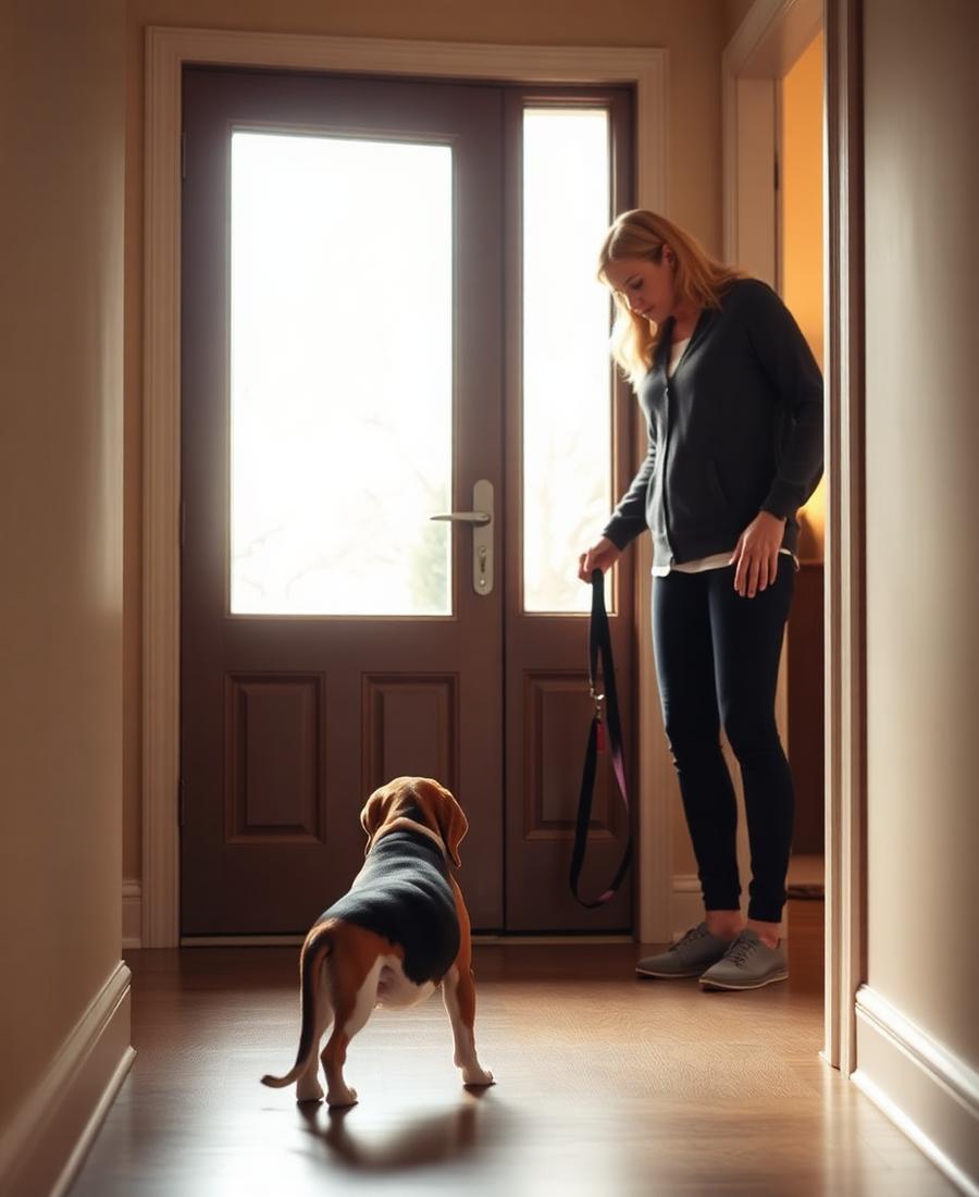 Beagle puppy waiting by the back door as an owner picks up a leash