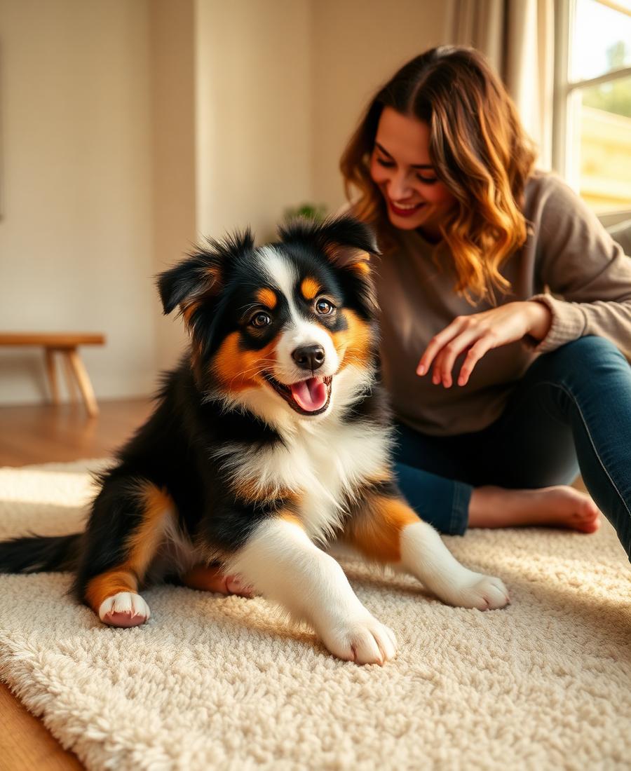 Australian shepherd puppy mid-play with their owner on a living room rug
