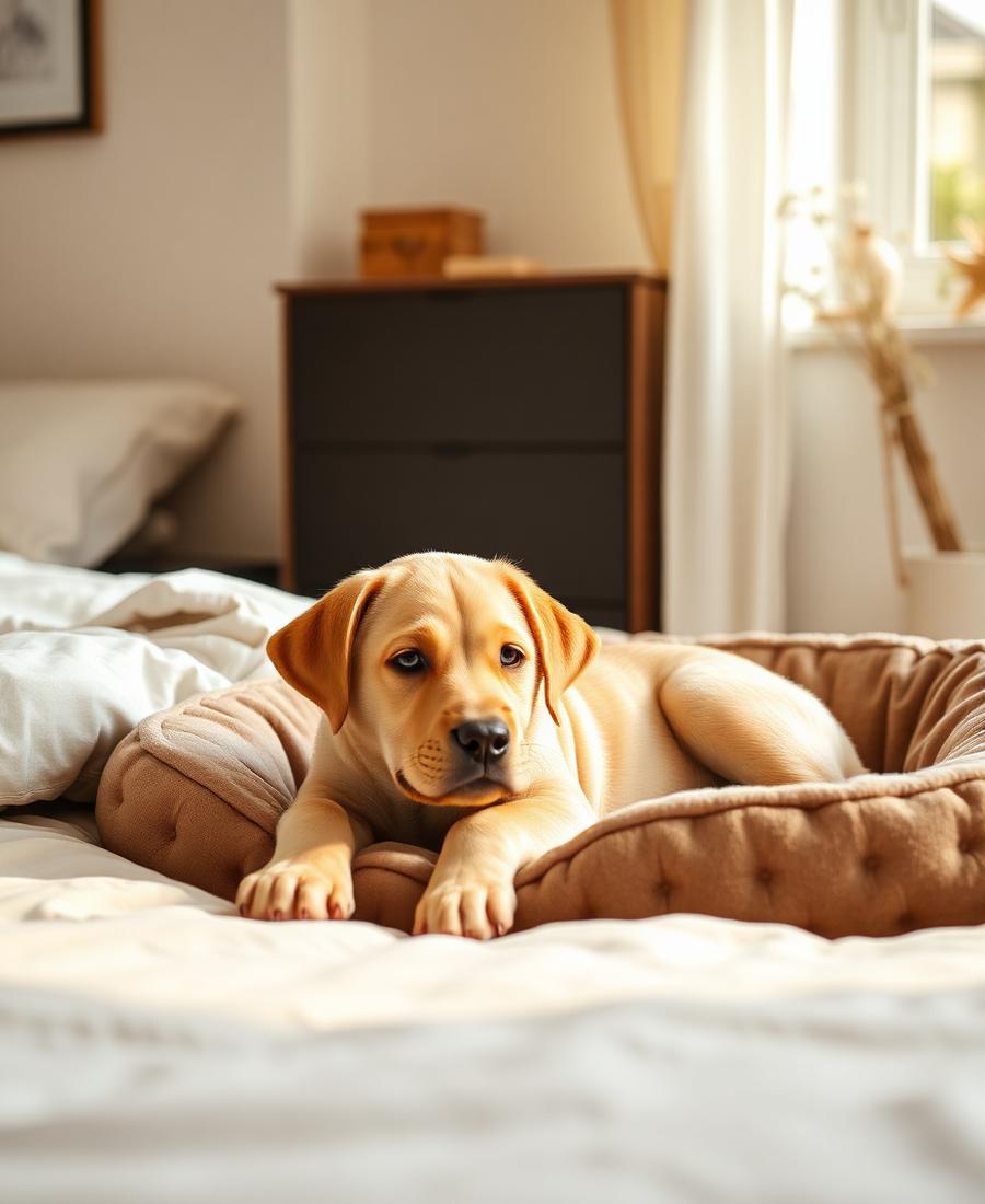 Labrador puppy stretching awake on a soft bed in a sunlit bedroom