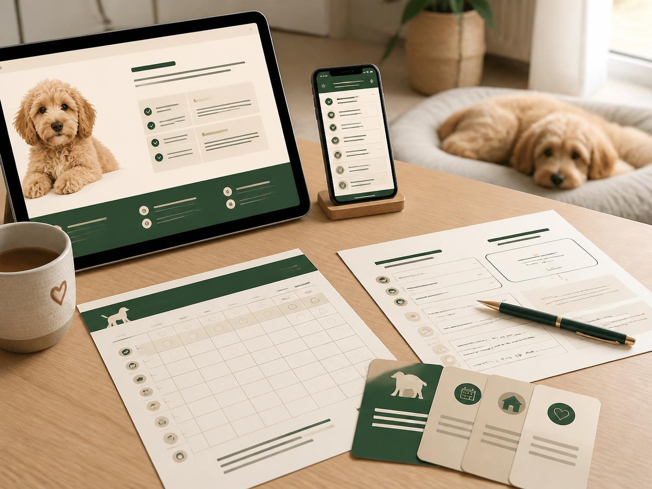 The 7-Day Puppy Potty Reset shown on a tablet, phone and printed tracker sheet on a table