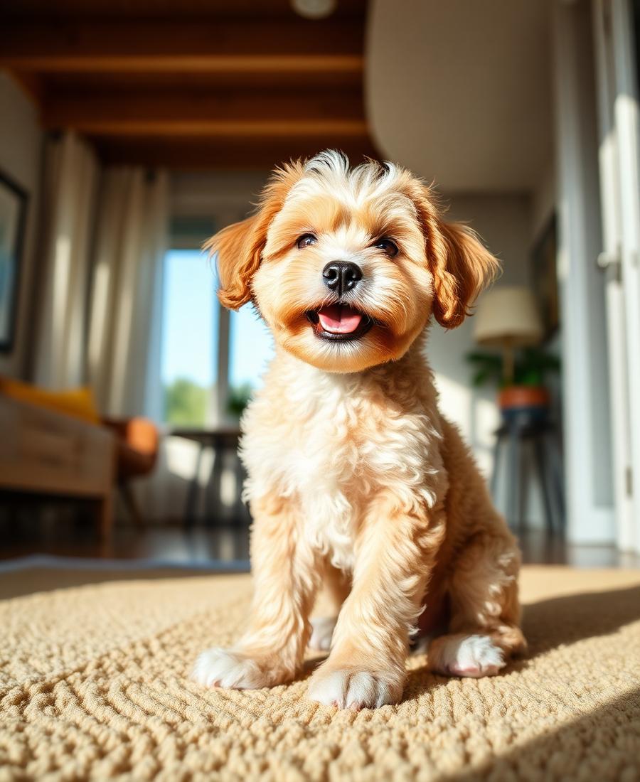 Cavapoo puppy sitting on a rug in a sunlit home